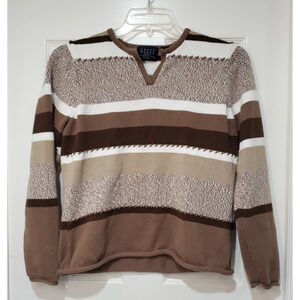 Crazy Horse by Liz Claiborne Women’s Petite MD Sweater Brown Beige Striped V-Nec